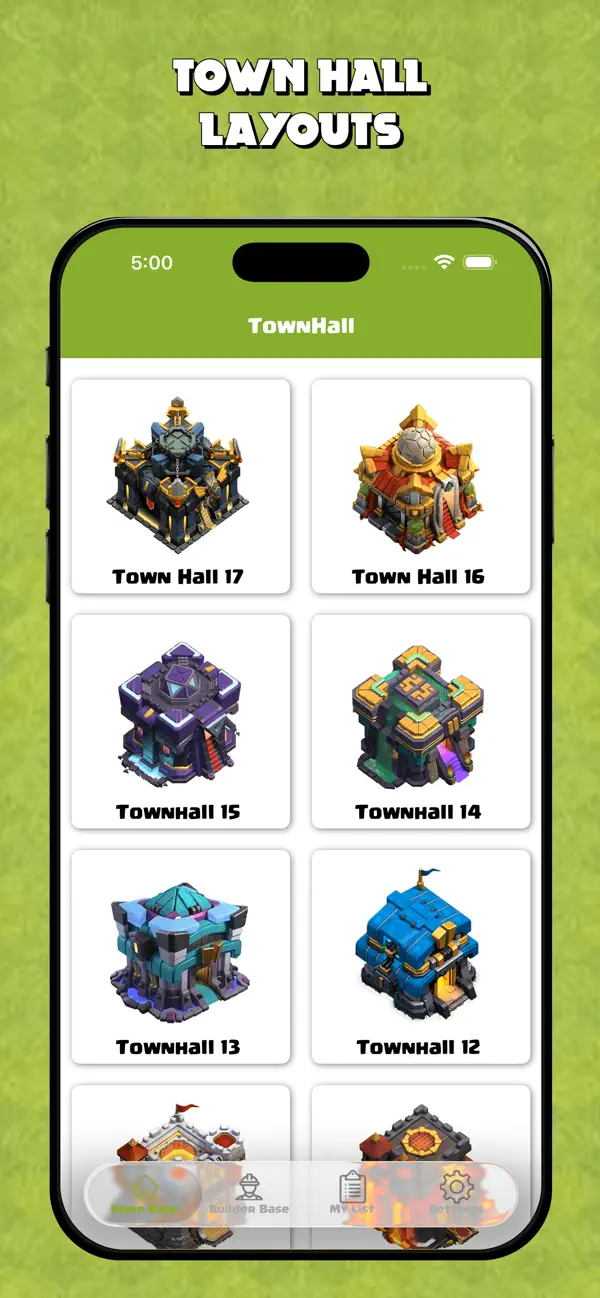 Town Hall layouts screen in Map Layout for Clash of Clans app