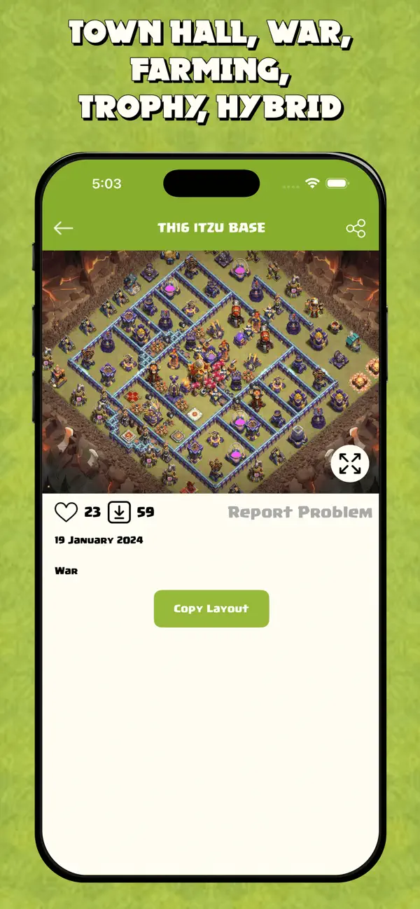 Detailed layout view with likes and copy layout button